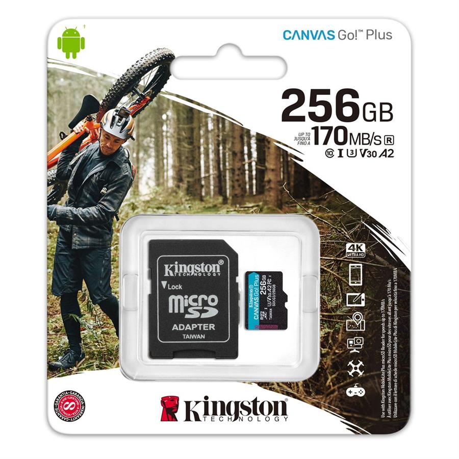 Memoria MicroSD Kingston 256GB con adaptador Canvas GO! Plus (4K Camara-Drones)